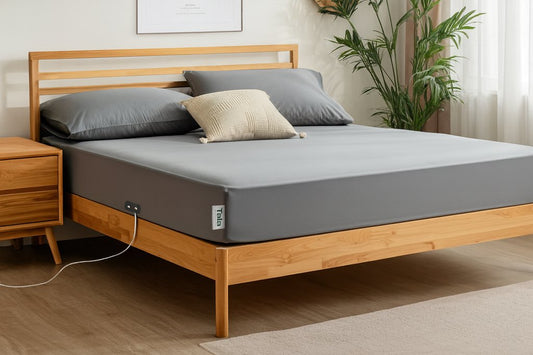 A grey grounding sheet placed on a queen sized-bed in a sunlit bedroom