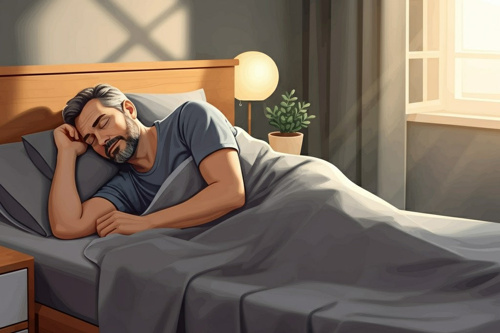 Illustration of a man peacefully sleeping in bed with soft morning light coming through the window, symbolizing restful sleep and grounding benefits.