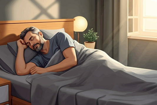 Illustration of a man peacefully sleeping in bed with soft morning light coming through the window, symbolizing restful sleep and grounding benefits.