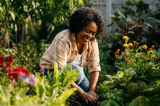 Smiling woman gardening among colorful flowers and leafy greens.