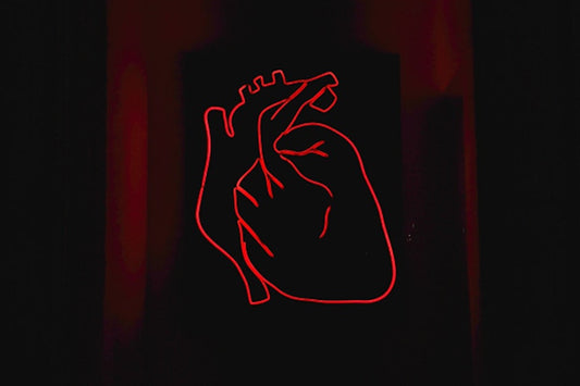 Neon outline of a human heart glowing red in the dark.