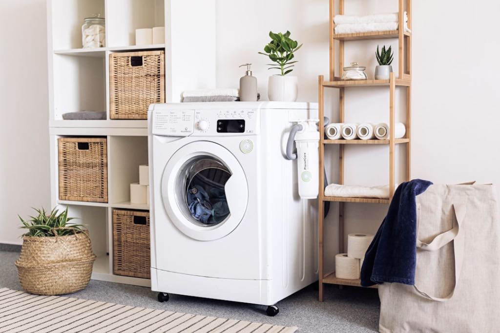 Minimalist laundry room featuring a front-loading washer, grounding sheet filter attachment, and neatly organized shelves with towels and baskets.
