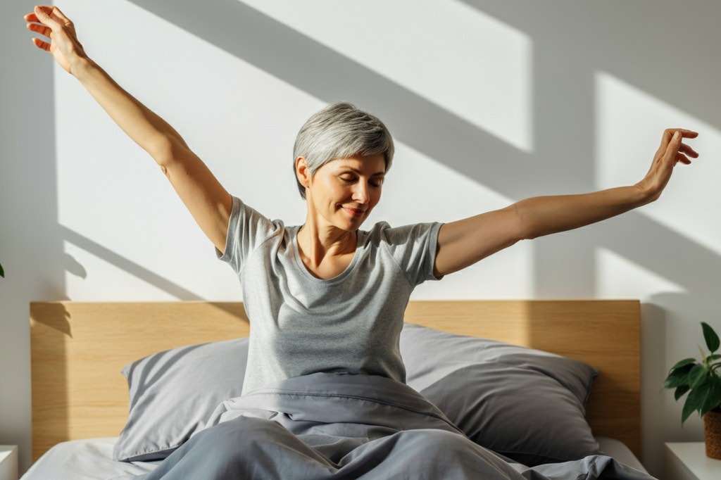 Woman with short gray hair stretching happily in bed after waking up, sunlight streaming through the window.