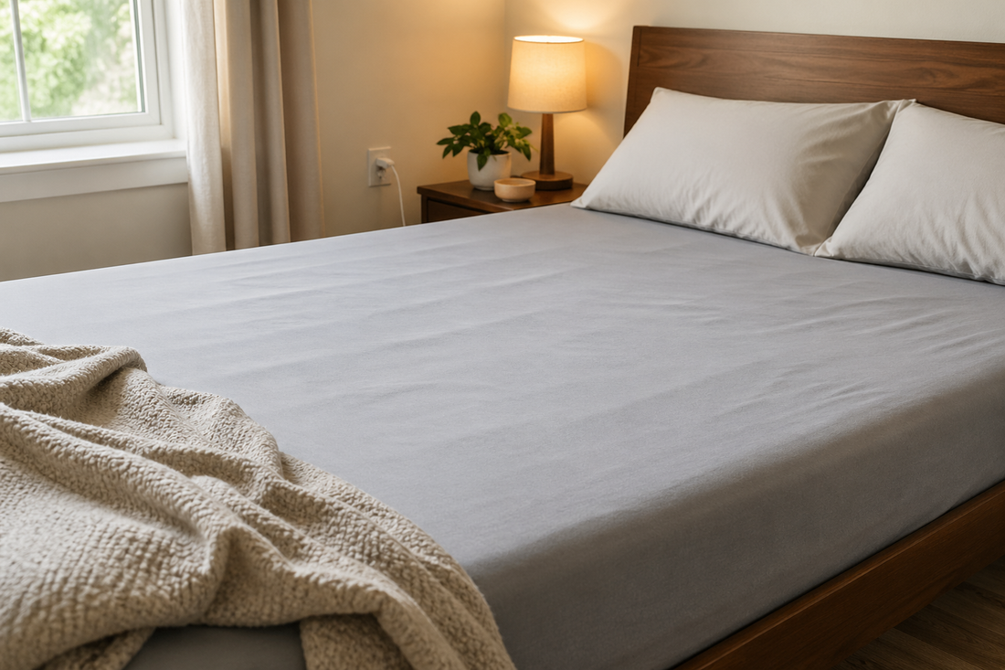 A neatly made bed with a light grey grounding sheet in a calm, sunlit bedroom with neutral bedding, a wooden headboard, bedside lamp, plant, and soft natural textures.