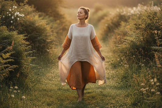 Woman walking barefoot through a sunlit meadow, eyes closed, surrounded by greenery and morning light.