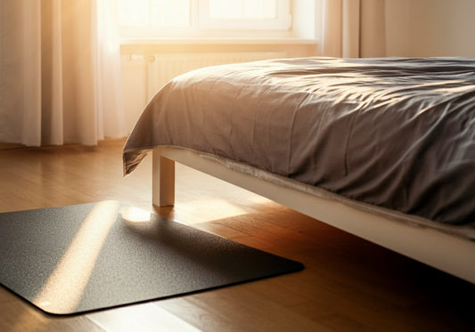 Grounding mat placed beside a bed in a sunlit minimalist bedroom.