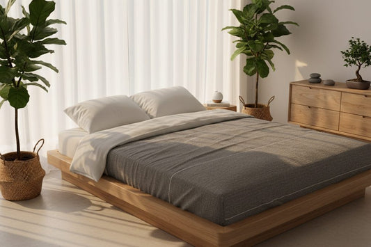 Minimalist bedroom with a low wooden bed frame, neutral bedding, and indoor plants in natural light.
