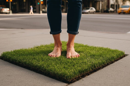 Barefoot person standing on a small patch of grass in the middle of a city sidewalk