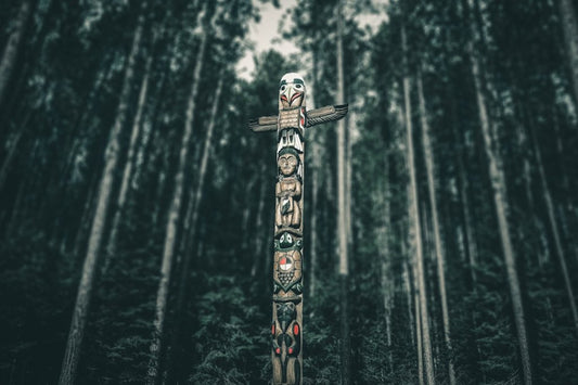 Tall, painted Indigenous totem pole standing in a dense, dark green forest.